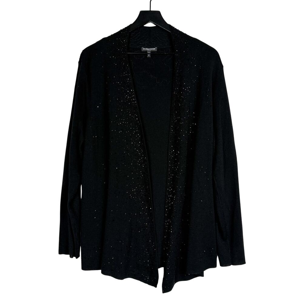 Eileen Fisher Merino Wool Open Wrap Cardigan Sweater Beaded Black - 2X Plus